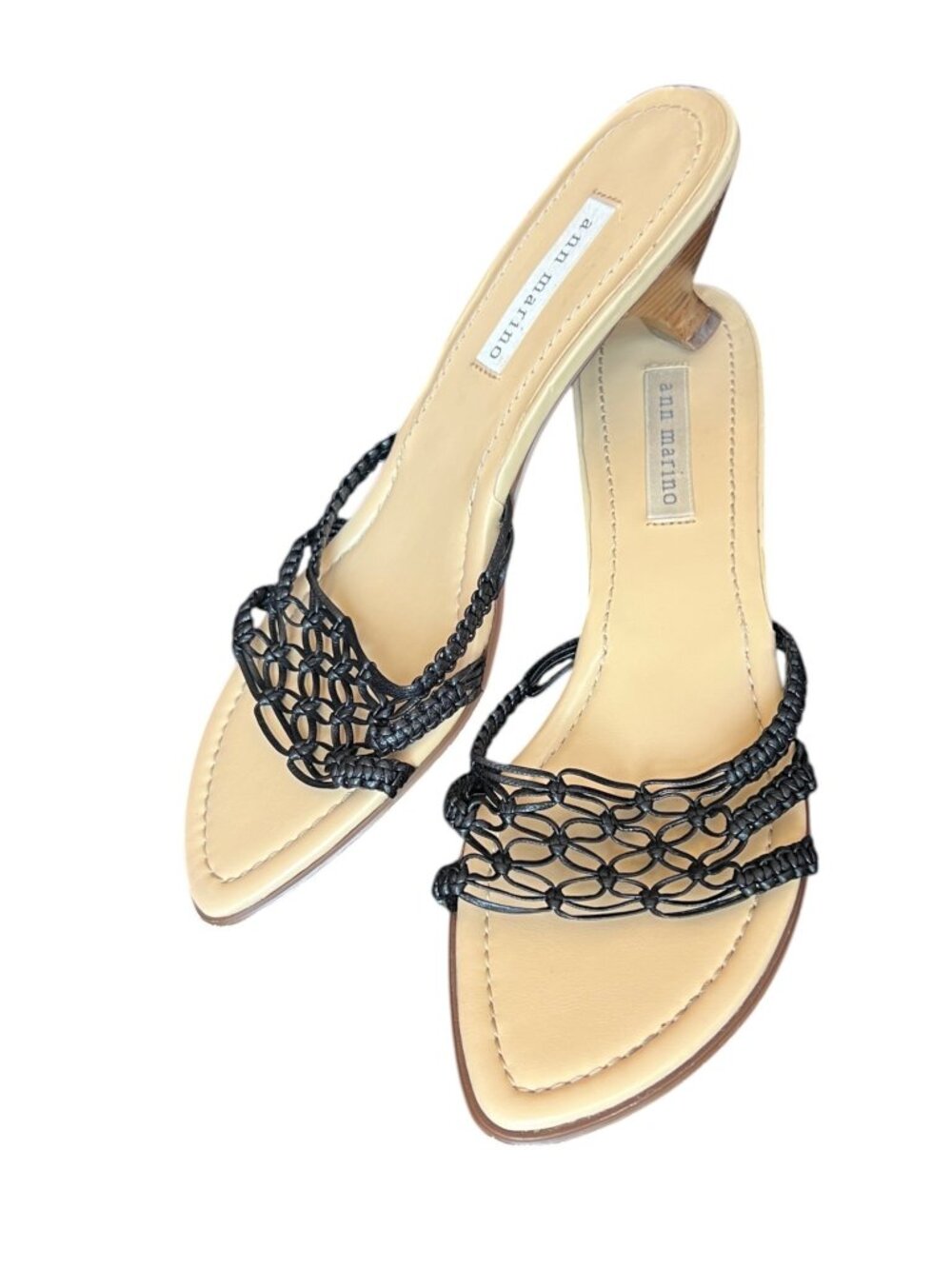 Ann Marino Women’s Black Braided Leather Strap Kitten Heel Sandals 9M